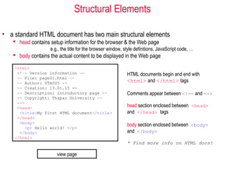 Structural Elements
• a standard HTML document has two main structural elements
 head contains setup information for the browser & the Web page
e.g., the title for the browser window, style definitions, JavaScript code, …
 body contains the actual content to be displayed in the Web page
<html>
<!–- Version information --
-- File: page01.html --
-- Author: UTA005 --
-- Creation: 13.01.15 --
-- Description: introductory page --
-- Copyright: Thapar University --
-->
<head>
<title>My first HTML document</title>
</head>
<body>
<p> Hello world! </p>
</body>
</html>
HTML documents begin and end with
<html> and </html> tags
Comments appear between <!-- and -->
head section enclosed between <head>
and </head> tags
body section enclosed between <body>
and </body>
* Find more info on HTML docs!
view page
 