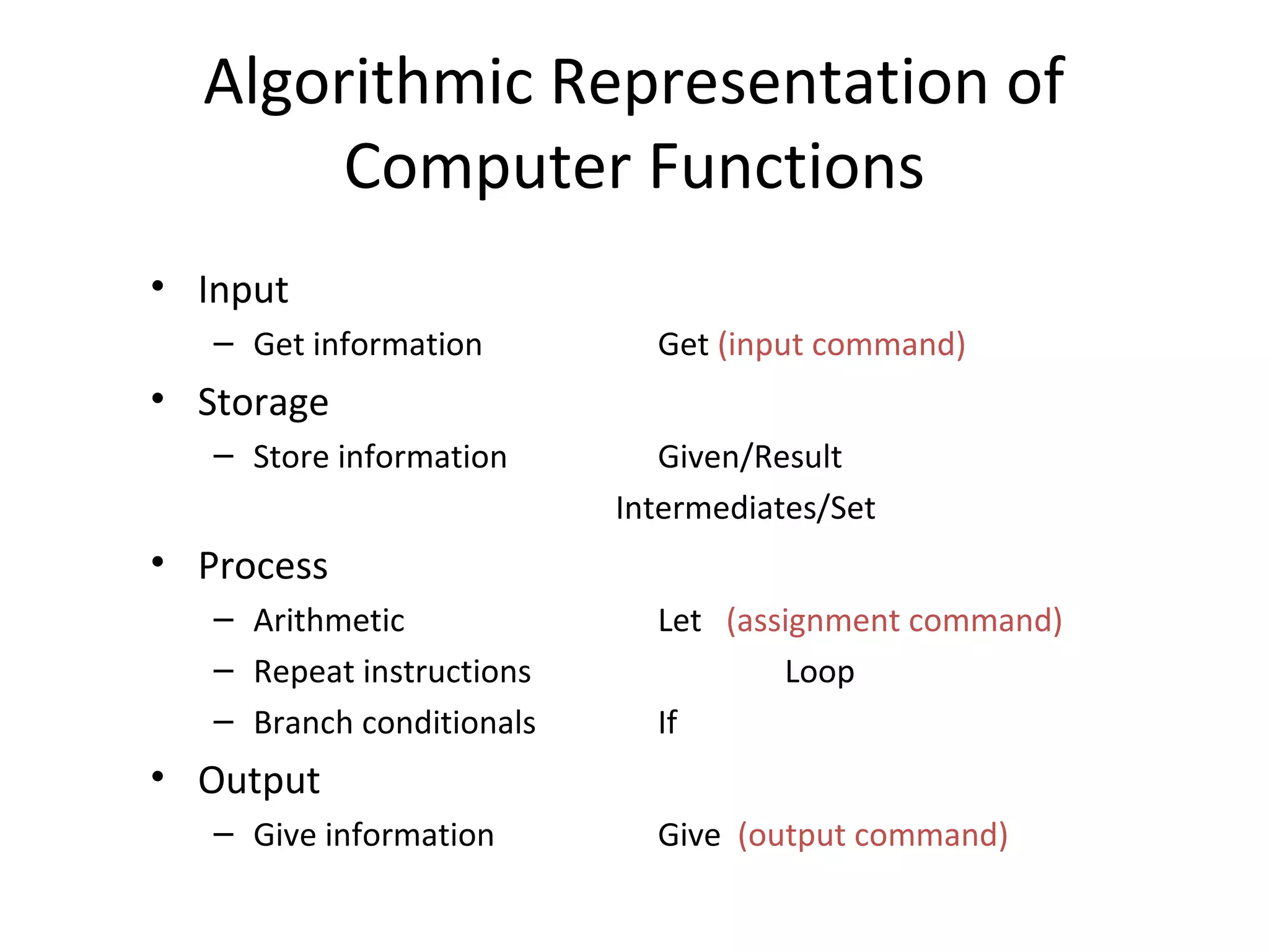 Algorithmic Representation of
Computer Functions
• Input
– Get information Get (input command)
• Storage
– Store information Given/Result
Intermediates/Set
• Process
– Arithmetic Let (assignment command)
– Repeat instructions Loop
– Branch conditionals If
• Output
– Give information Give (output command)
 