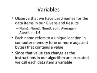 Variables
• Observe that we have used names for the
data items in our Givens and Results
– Num1, Num2, Num3, Sum, Average in
Algorithm 1.4
• Each name refers to a unique location in
computer memory (one or more adjacent
bytes) that contains a value
• Since that value can change as the
instructions in our algorithm are executed,
we call each data item a variable
 