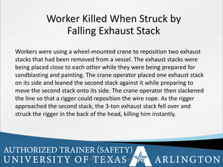 10
Worker Killed When Struck by
Falling Exhaust Stack
Workers were using a wheel-mounted crane to reposition two exhaust
stacks that had been removed from a vessel. The exhaust stacks were
being placed close to each other while they were being prepared for
sandblasting and painting. The crane operator placed one exhaust stack
on its side and leaned the second stack against it while preparing to
move the second stack onto its side. The crane operator then slackened
the line so that a rigger could reposition the wire rope. As the rigger
approached the second stack, the 3-ton exhaust stack fell over and
struck the rigger in the back of the head, killing him instantly.
OSHA Office of Training & Education 10
 