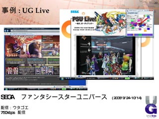 20

事例 : UG Live




SEGA   ファンタシースターユニバース   ( 2008/9/24- 10/14)

配信：ウタゴエ
750kbps 配信
 