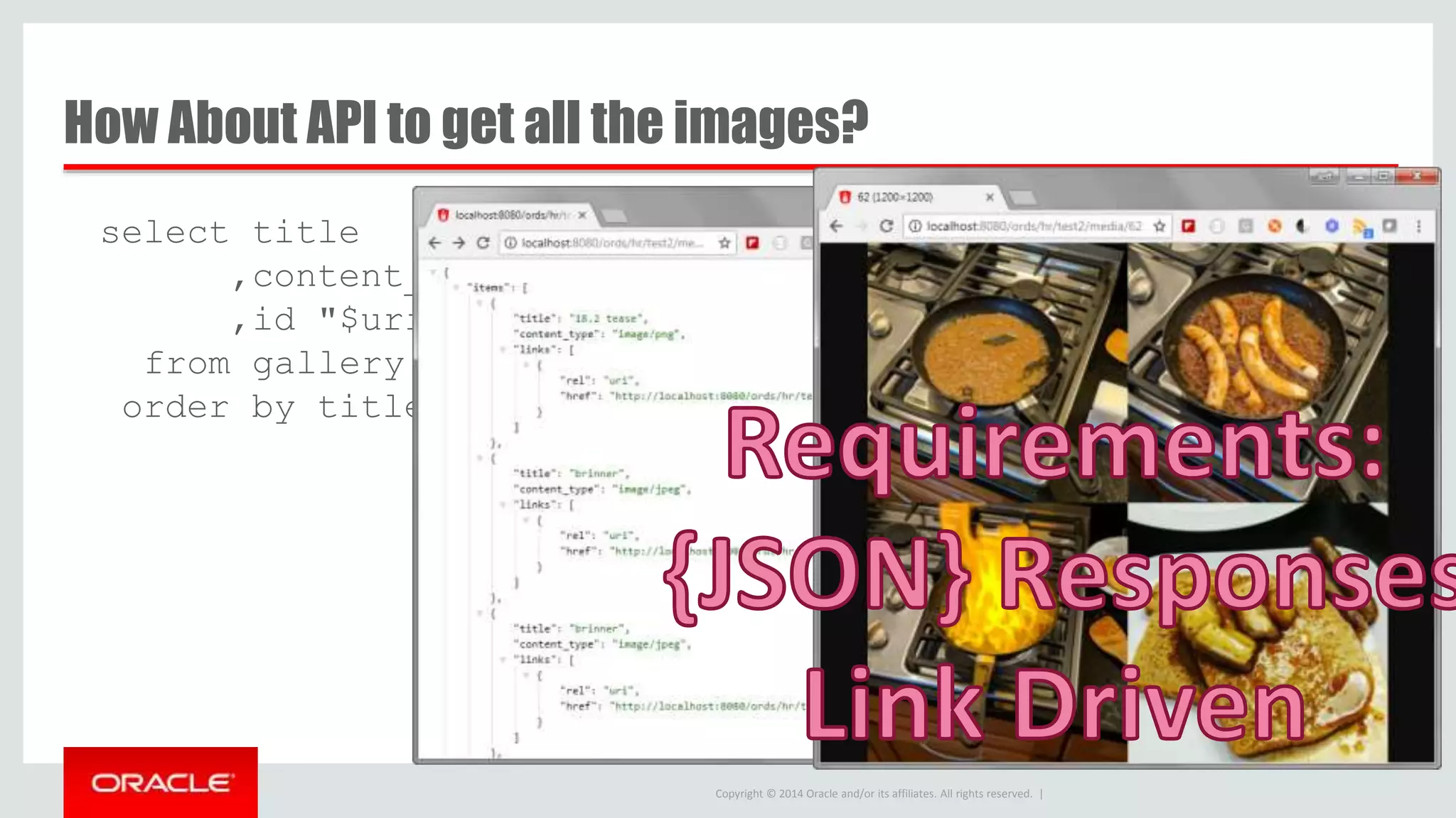 Copyright © 2014 Oracle and/or its affiliates. All rights reserved. | How About API to get all the images? select title ,content_type ,id "$uri" from gallery order by title 