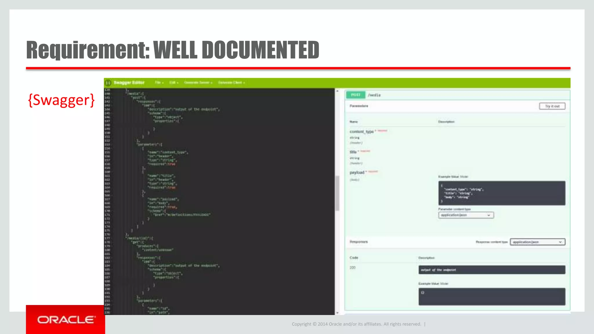 Copyright © 2014 Oracle and/or its affiliates. All rights reserved. | {Swagger} Requirement: WELL DOCUMENTED 