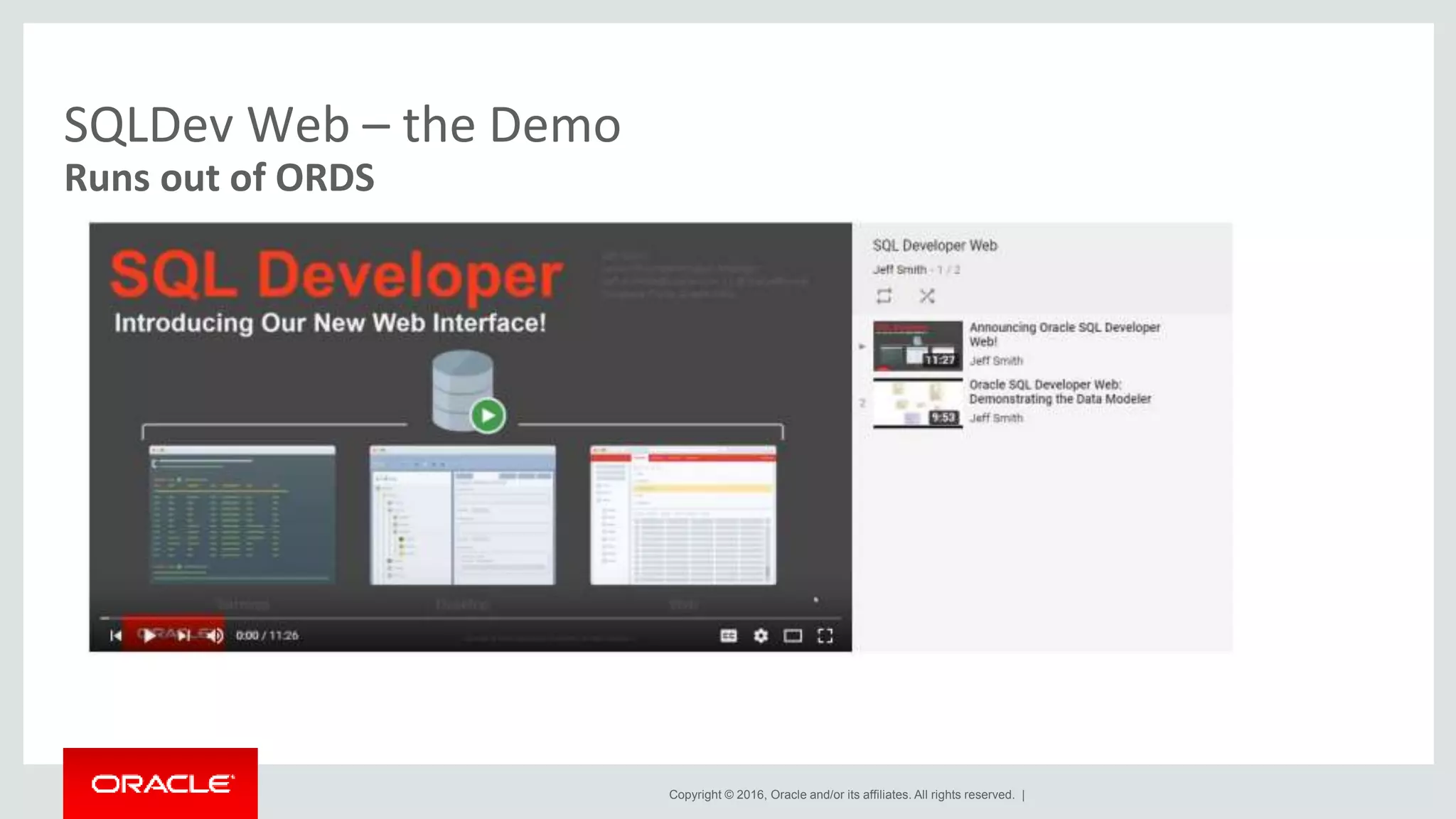 Copyright © 2016, Oracle and/or its affiliates. All rights reserved. | SQLDev Web – the Demo Runs out of ORDS 