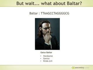 But wait... what about Baltar?
Baltar : TTAAGCCTAGGGGCG

Gaius Baltar
•
•
•

Handsome
Genius
Kinda evil

 