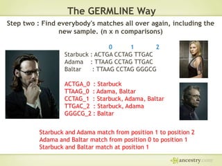 The GERMLINE Way
Step two : Find everybody's matches all over again, including the
new sample. (n x n comparisons)
0
1
2
Starbuck : ACTGA CCTAG TTGAC
Adama : TTAAG CCTAG TTGAC
Baltar
: TTAAG CCTAG GGGCG
ACTGA_0 : Starbuck
TTAAG_0 : Adama, Baltar
CCTAG_1 : Starbuck, Adama, Baltar
TTGAC_2 : Starbuck, Adama
GGGCG_2 : Baltar
Starbuck and Adama match from position 1 to position 2
Adama and Baltar match from position 0 to position 1
Starbuck and Baltar match at position 1

 