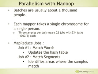 Parallelism with Hadoop
•

Batches are usually about a thousand
people.

•

Each mapper takes a single chromosome for
a single person.
o

•

Three samples per task means 22 jobs with 334 tasks
(1000/3) each

MapReduce Jobs :
Job #1 : Match Words
• Updates the hash table
Job #2 : Match Segments
• Identifies areas where the samples
match

 