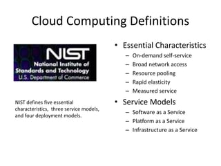 Cloud Computing Definitions
• Deployment Models
– Private cloud
– Community cloud
– Public cloud
– Hybrid cloud
NIST cloud computing reference architecture
 