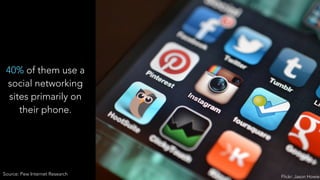 40% of them use a
social networking
sites primarily on
their phone.
Flickr: Jason Howie
Source: Pew Internet Research
 