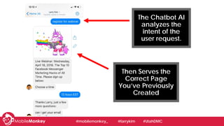 The Chatbot AI
analyzes the
intent of the
user request.
Then Serves the
Correct Page
You’ve Previously
Created
@mobilemonk...