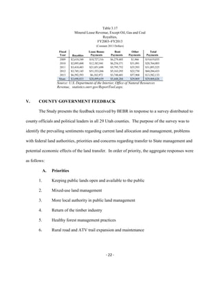Table 3.17
Mineral Lease Revenue, Except Oil, Gas and Coal
Royalties,
FY2003–FY2013
(Constant 2013 Dollars)
Fiscal
Year Royalties
Lease Bonus
Payments
Rent
Payments
Other
Payments
Total
Payments
2009 $2,610,348 $10,727,316 $6,279,405 $1,966 $19,619,035
2010 $2,095,600 $12,382,941 $6,254,371 $31,091 $20,764,003
2011 $3,410,483 $21,851,698 $5,795,752 $35,593 $31,093,525
2012 $3,745,145 $51,353,266 $5,163,293 $22,730 $60,284,433
2013 $6,592,593 $6,182,972 $3,748,601 $57,968 $13,582,133
Mean $3,690,833 $20,499,639 $5,448,284 $29,869 $29,068,626
Source: U.S. Department of the Interior, Office of Natural Resources
Revenue, statistics.onrr.gov/ReportTool.aspx.
V. COUNTY GOVERNMENT FEEDBACK
The Study presents the feedback received by BEBR in response to a survey distributed to
county officials and political leaders in all 29 Utah counties. The purpose of the survey was to
identify the prevailing sentiments regarding current land allocation and management, problems
with federal land authorities, priorities and concerns regarding transfer to State management and
potential economic effects of the land transfer. In order of priority, the aggregate responses were
as follows:
A. Priorities
Keeping public lands open and available to the public1.
Mixed-use land management2.
More local authority in public land management3.
Return of the timber industry4.
Healthy forest management practices5.
Rural road and ATV trail expansion and maintenance6.
- 22 -
 