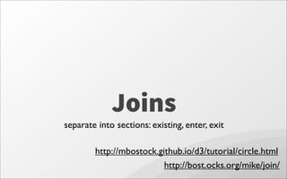 Joins
separate into sections: existing, enter, exit
http://mbostock.github.io/d3/tutorial/circle.html
http://bost.ocks.org/mike/join/
 