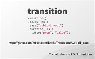 transition
.transition()
	
  	
  .delay(	
  ms	
  )
	
  	
  .ease("cubic-­‐in-­‐out")
	
  	
  .duration(	
  ms	
  )
	
  	
  	
  	
  .attr(“prop”,	
  “value”);
** could also use CSS3 transitions
https://github.com/mbostock/d3/wiki/Transitions#wiki-d3_ease
 