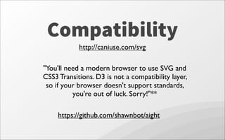 Compatibility
http://caniuse.com/svg
"You'll need a modern browser to use SVG and
CSS3 Transitions. D3 is not a compatibility layer,
so if your browser doesn't support standards,
you're out of luck. Sorry!"**
https://github.com/shawnbot/aight
 