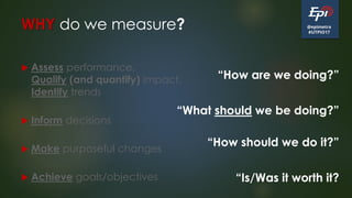 @epimetra
#UTPIO17
WHY do we measure?
 Assess performance,
Qualify (and quantify) impact,
Identify trends
 Inform decisions
 Make purposeful changes
 Achieve goals/objectives
“How are we doing?”
“What should we be doing?”
“How should we do it?”
“Is/Was it worth it?
 