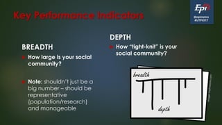 @epimetra
#UTPIO17
Key Performance Indicators
BREADTH
 How large is your social
community?
 Note: shouldn’t just be a
big number – should be
representative
(population/research)
and manageable
DEPTH
 How “tight-knit” is your
social community?
 