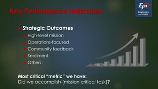 @epimetra
#UTPIO17
Key Performance Indicators
 Strategic Outcomes
 High-level mission
 Operations-focused
 Community feedback
 Sentiment
 Others
Most critical “metric” we have:
Did we accomplish [mission critical task]?
 