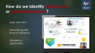 @epimetra
#UTPIO17
How do we identify influencers
or potential partners?
 Start with WHY
 Quantify/qualify
level of influence
 Establish a
game-plan
 