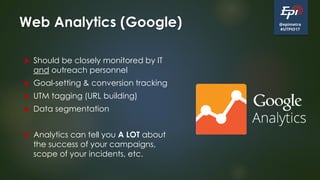 @epimetra
#UTPIO17
Web Analytics (Google)
 Should be closely monitored by IT
and outreach personnel
 Goal-setting & conv...