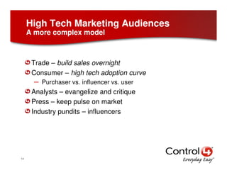 High Tech Marketing Audiences
     A more complex model



      Trade – build sales overnight
      Consumer – high tech ...