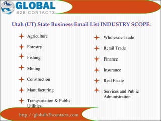 http://globalb2bcontacts.com
Agriculture
Forestry
Fishing
Mining
Construction
Manufacturing
Transportation & Public 
Utilities
Wholesale Trade
Retail Trade
Finance
Insurance
Real Estate
Services and Public 
Administration
 