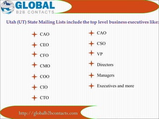 http://globalb2bcontacts.com
CAO
CSO
VP
Directors
Managers
Executives and more
CAO
CEO
CFO
CMO
COO
CIO
CTO
 