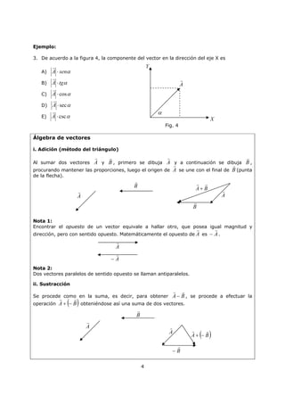 ZYX CCCC ,,
G
Donde:
XC es la componente del vector en la dirección de X.
YC es la componente del vector en la dirección de Y.
ZC es la componente del vector en la dirección de Z.
La otra forma de escribir un vector es en función de vectores unitarios, es decir que tienen
magnitud uno, asociados a cada eje.
- Al eje X asociamos el vector unitario i
G
- Al eje Y asociamos el vector unitario j
G
- Al eje Z asociamos el vector unitario k
G
1kji
GGG
El vector C
G
queda representado de la siguiente forma:
kCjCiCC ZYX
GGGG

La magnitud de C
G
es:
  