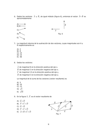 4
Ejemplo:
3. De acuerdo a la figura 4, la componente del vector en la dirección del eje X es
A) DsenA ˜
G
B) DtgA ˜
G
C) Dcos˜A
G
D) Dsec˜A
G
E) Dcsc˜A
G
Fig. 4
Álgebra de vectores
i. Adición (método del triángulo)
Al sumar dos vectores A
G
y B
G
, primero se dibuja A
G
y a continuación se dibuja B
G
,
procurando mantener las proporciones, luego el origen de A
G
se une con el final de B
G
(punta
de la flecha).
Nota 1:
Encontrar el opuesto de un vector equivale a hallar otro, que posea igual magnitud y
dirección, pero con sentido opuesto. Matemáticamente el opuesto de A
G
es A
G
 .
Nota 2:
Dos vectores paralelos de sentido opuesto se llaman antiparalelos.
ii. Sustracción
Se procede como en la suma, es decir, para obtener BA
GG
 , se procede a efectuar la
operación   