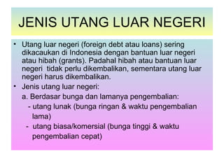 JENIS UTANG LUAR NEGERI
• Utang luar negeri (foreign debt atau loans) sering
  dikacaukan di Indonesia dengan bantuan luar negeri
  atau hibah (grants). Padahal hibah atau bantuan luar
  negeri tidak perlu dikembalikan, sementara utang luar
  negeri harus dikembalikan.
• Jenis utang luar negeri:
  a. Berdasar bunga dan lamanya pengembalian:
    - utang lunak (bunga ringan & waktu pengembalian
      lama)
   - utang biasa/komersial (bunga tinggi & waktu
      pengembalian cepat)
 