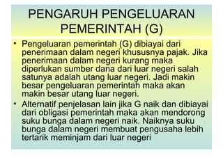 PENGARUH PENGELUARAN
       PEMERINTAH (G)
• Pengeluaran pemerintah (G) dibiayai dari
  penerimaan dalam negeri khususnya pajak. Jika
  penerimaan dalam negeri kurang maka
  diperlukan sumber dana dari luar negeri salah
  satunya adalah utang luar negeri. Jadi makin
  besar pengeluaran pemerintah maka akan
  makin besar utang luar negeri.
• Alternatif penjelasan lain jika G naik dan dibiayai
  dari obligasi pemerintah maka akan mendorong
  suku bunga dalam negeri naik. Naiknya suku
  bunga dalam negeri membuat pengusaha lebih
  tertarik meminjam dari luar negeri
 