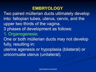 EMBRYOLOGY
Two paired müllerian ducts ultimately develop
into: fallopian tubes, uterus, cervix, and the
upper two thirds of the vagina.
3 phases of development as follows:
1. Organogenesis:
One or both müllerian ducts may not develop
fully, resulting in:
uterine agenesis or hypoplasia (bilateral) or
unicornuate uterus (unilateral).
ABOUBAKR ELNASHAR
 