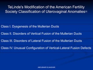 TeLinde's Modification of the American Fertility
Society Classification of Uterovaginal Anomalies[3]
Class I. Dysgenesis of the Mullerian Ducts
Class II. Disorders of Vertical Fusion of the Mullerian Ducts
Class III. Disorders of Lateral Fusion of the Mullerian Ducts
Class IV. Unusual Configuration of Vertical-Lateral Fusion Defects
ABOUBAKR ELNASHAR
 