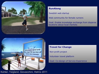 Kohler, Teigland, Giovacchini, Helms 2011 RunAlong Swedish web startup Web community for female runners Goal: Enable knowledge exchange from disperse locations about local markets Travel for Change Non-profit project Volunteer travel platform Goal: Co-design of Service Experience 