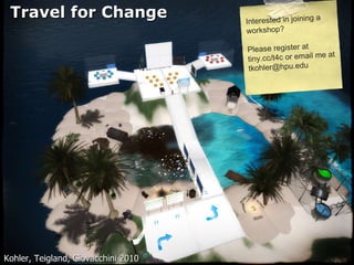 Interested in joining a workshop? Please register at tiny.cc/t4c or email me at  [email_address] Travel for Change Kohler, Teigland, Giovacchini 2010 