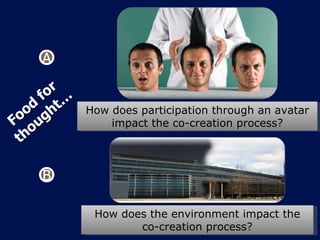 How does participation through an avatar impact the co-creation process? How does the environment impact the co-creation process? A B Food for thought… 