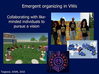Emergent organizing in VWs Collaborating with like-minded individuals to pursue a vision Teigland, JVWR, 2010 