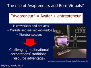 The rise of Avapreneurs and Born Virtuals? Microworkers and pro-ams Markets and market knowledge Microtransactions  Challenging multinational corporations’ traditional resource advantage? www.slentre.com/second-life-style-photolife-for-second-life/ “ Avapreneur” = Avatar + entrepreneur  Teigland, JVWR, 2010 