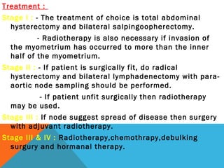 Treatment :
Stage I : - The treatment of choice is total abdominal
hysterectomy and bilateral salpingoopherectomy.
- Radiotherapy is also necessary if invasion of
the myometrium has occurred to more than the inner
half of the myometrium.
Stage II : - If patient is surgically fit, do radical
hysterectomy and bilateral lymphadenectomy with para-
aortic node sampling should be performed.
- If patient unfit surgically then radiotherapy
may be used.
Stage III : If node suggest spread of disease then surgery
with adjuvant radiotherapy.
Stage III & IV : Radiotherapy,chemothrapy,debulking
surgury and hormanal therapy.
 