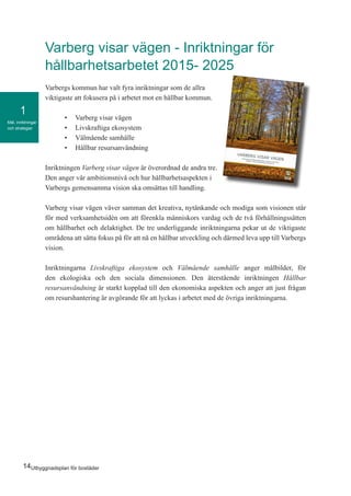 14Utbyggnadsplan för bostäder
Mål, inriktningar
och strategier
1
Varberg visar vägen - Inriktningar för
hållbarhetsarbetet 2015- 2025
Varbergs kommun har valt fyra inriktningar som de allra
viktigaste att fokusera på i arbetet mot en hållbar kommun.
•	 Varberg visar vägen
•	 Livskraftiga ekosystem
•	 Välmående samhälle
•	 Hållbar resursanvändning
Inriktningen Varberg visar vägen är överordnad de andra tre.
Den anger vår ambitionsnivå och hur hållbarhetsaspekten i
Varbergs gemensamma vision ska omsättas till handling.
Varberg visar vägen väver samman det kreativa, nytänkande och modiga som visionen står
för med verksamhetsidén om att förenkla människors vardag och de två förhållningssätten
om hållbarhet och delaktighet. De tre underliggande inriktningarna pekar ut de viktigaste
områdena att sätta fokus på för att nå en hållbar utveckling och därmed leva upp till Varbergs
vision.
Inriktningarna Livskraftiga ekosystem och Välmående samhälle anger målbilder, för
den ekologiska och den sociala dimensionen. Den återstående inriktningen Hållbar
resursanvändning är starkt kopplad till den ekonomiska aspekten och anger att just frågan
om resurshantering är avgörande för att lyckas i arbetet med de övriga inriktningarna.
 
