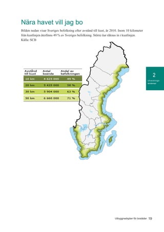 2
19Utbyggnadsplan för bostäder
Utvecklings-
tendenser
Nära havet vill jag bo
Bilden nedan visar Sveriges befolkning efter avstånd till kust, år 2010. Inom 10 kilometer
från kustlinjen återfinns 49 % av Sveriges befolkning. Större öar räknas in i kustlinjen.
Källa: SCB
 