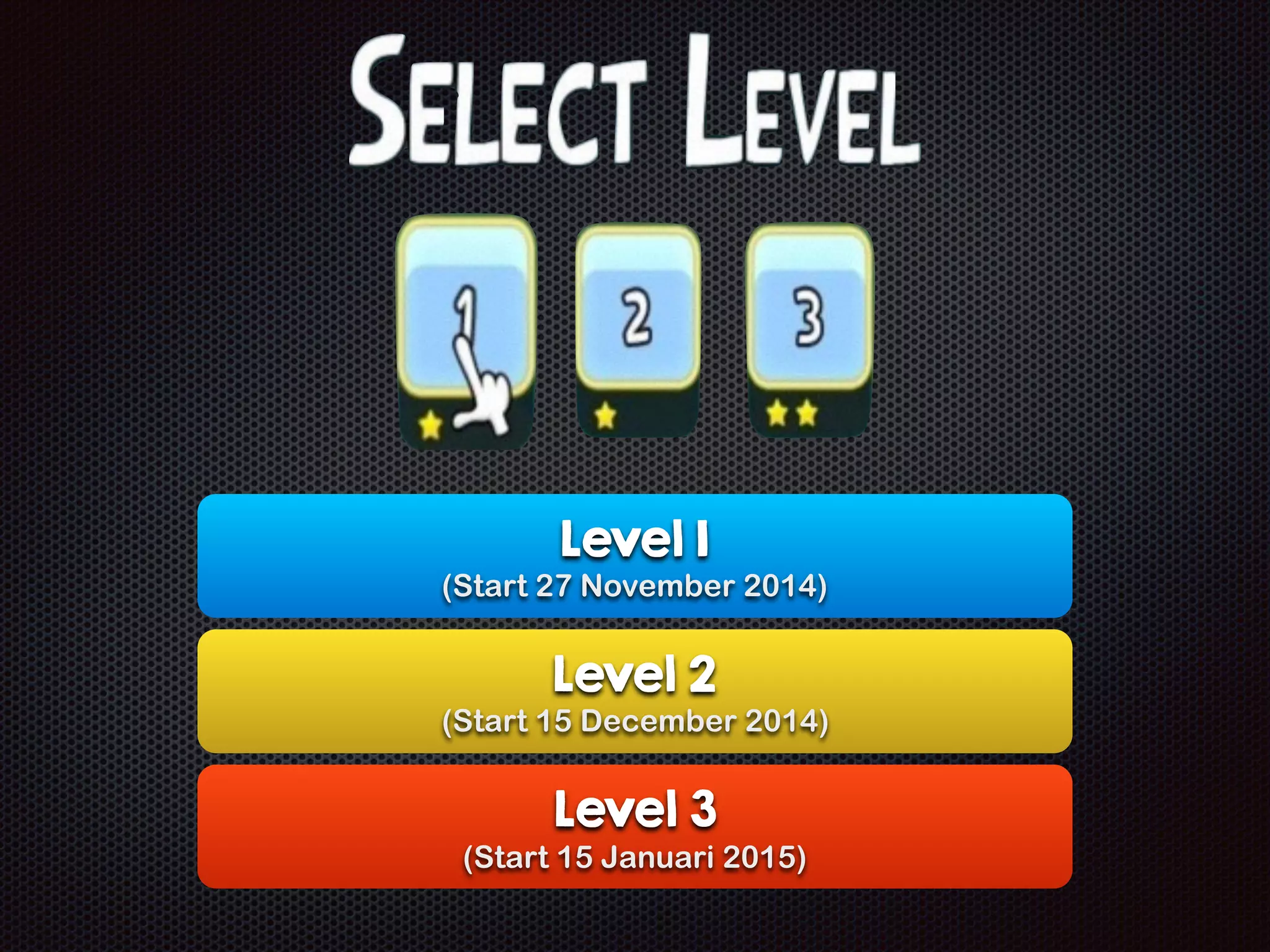 Level 1
(Start 27 November 2014)
Level 2
(Start 15 December 2014)
Level 3
(Start 15 Januari 2015)
 