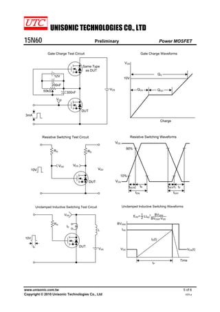 UNISONIC TECHNOLOGIES CO., LTD
15N60 Preliminary Power MOSFET
www.unisonic.com.tw 5 of 6
Copyright © 2010 Unisonic Technologies Co., Ltd VER.a
50kΩ 300nF
DUT
VDS
10V
12V
Charge
QGS QGD
QG
Gate Charge Test Circuit Gate Charge Waveforms
VGS
VGS
200nF
Same Type
as DUT
3mA
10V
tP
RG
DUT
L
VDS
ID
VDD
Unclamped Inductive Switching Test Circuit
tP
VDD
IAS
BVDSS
ID(t)
VDS(t)
Time
EAS= 2
1
LIAS
2 BVDSS
BVDSS-VDD
Unclamped Inductive Switching Waveforms
 
