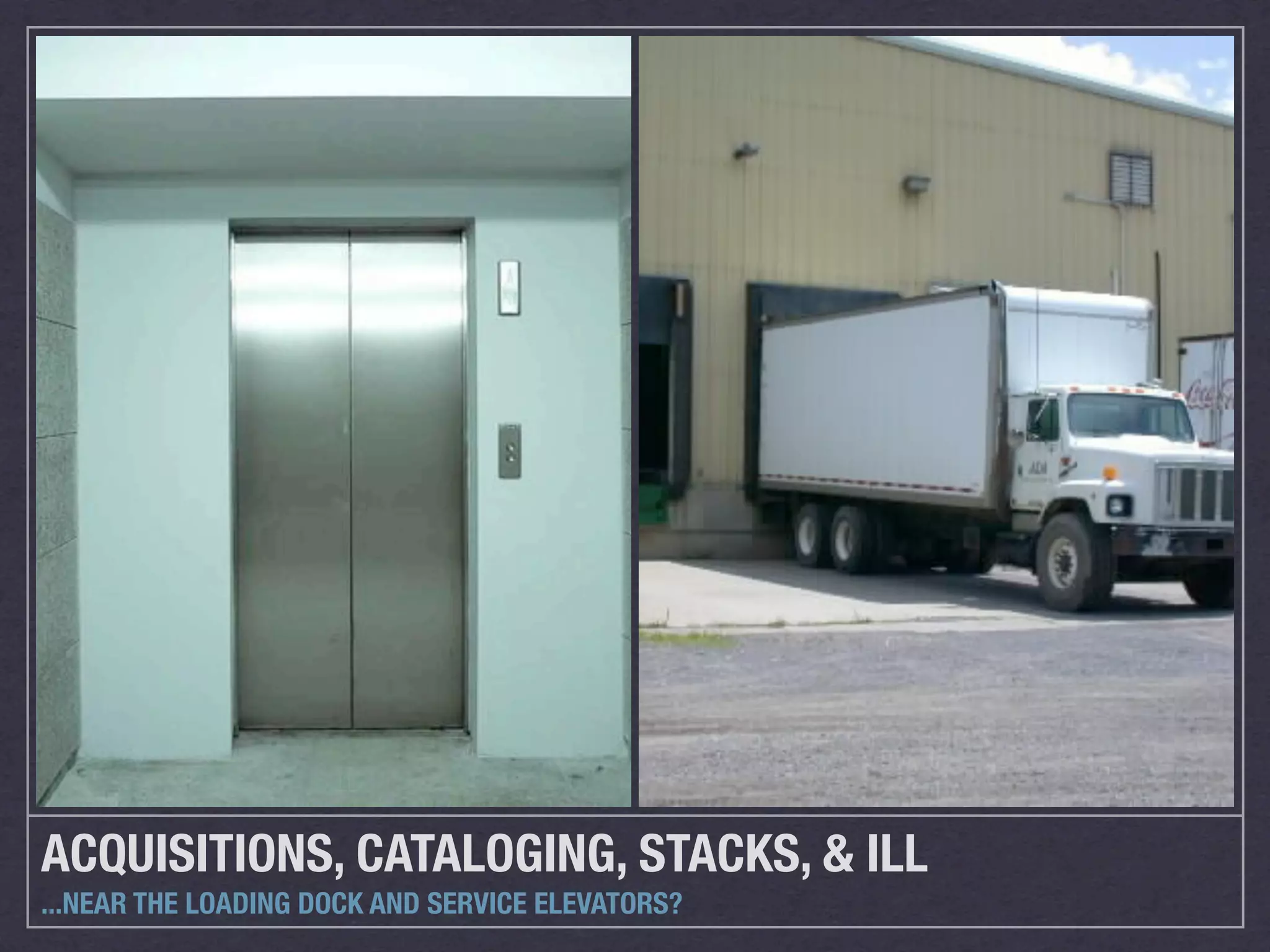 ACQUISITIONS, CATALOGING, STACKS, & ILL
...NEAR THE LOADING DOCK AND SERVICE ELEVATORS?
 