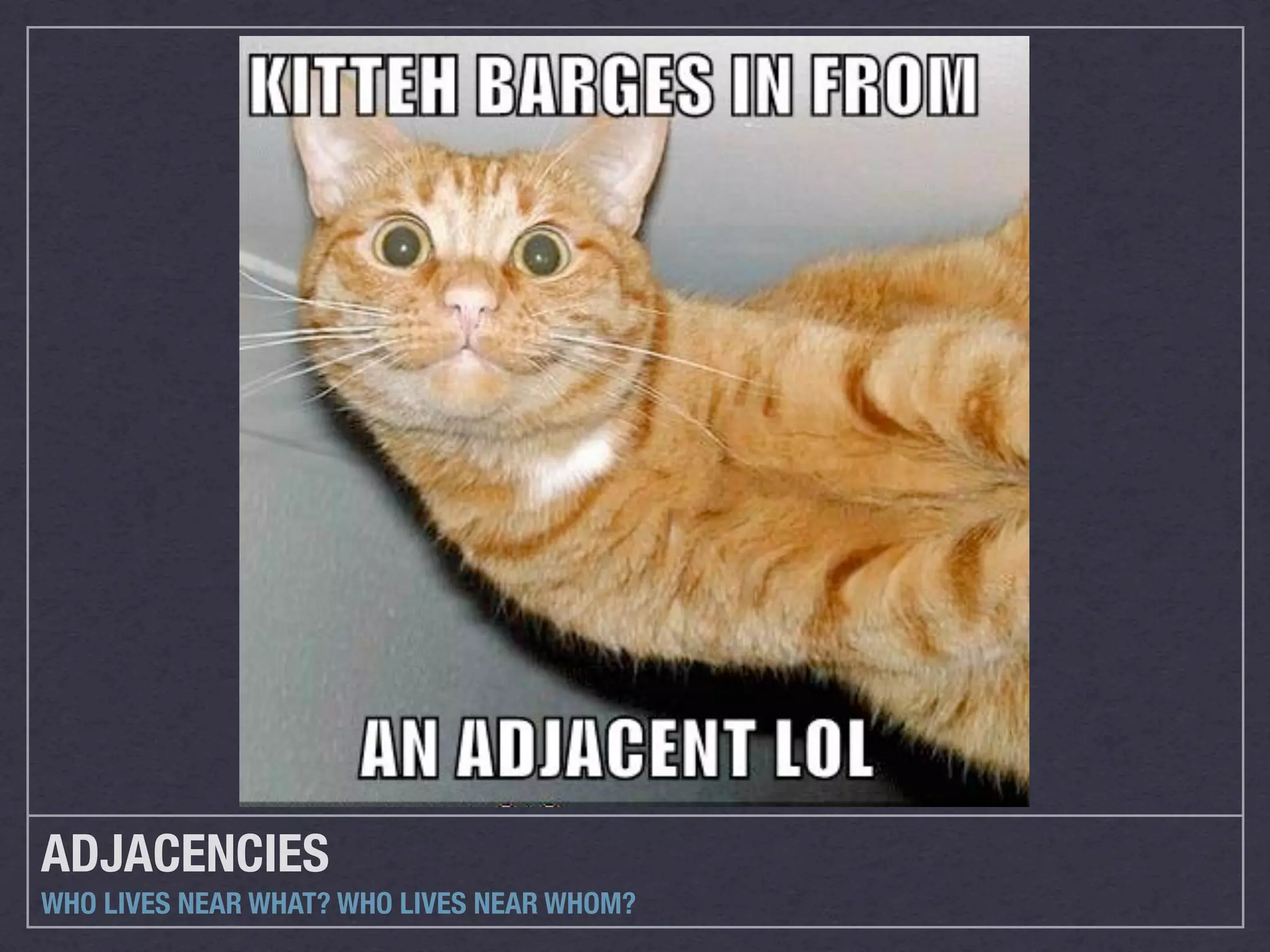 ADJACENCIES
WHO LIVES NEAR WHAT? WHO LIVES NEAR WHOM?
 