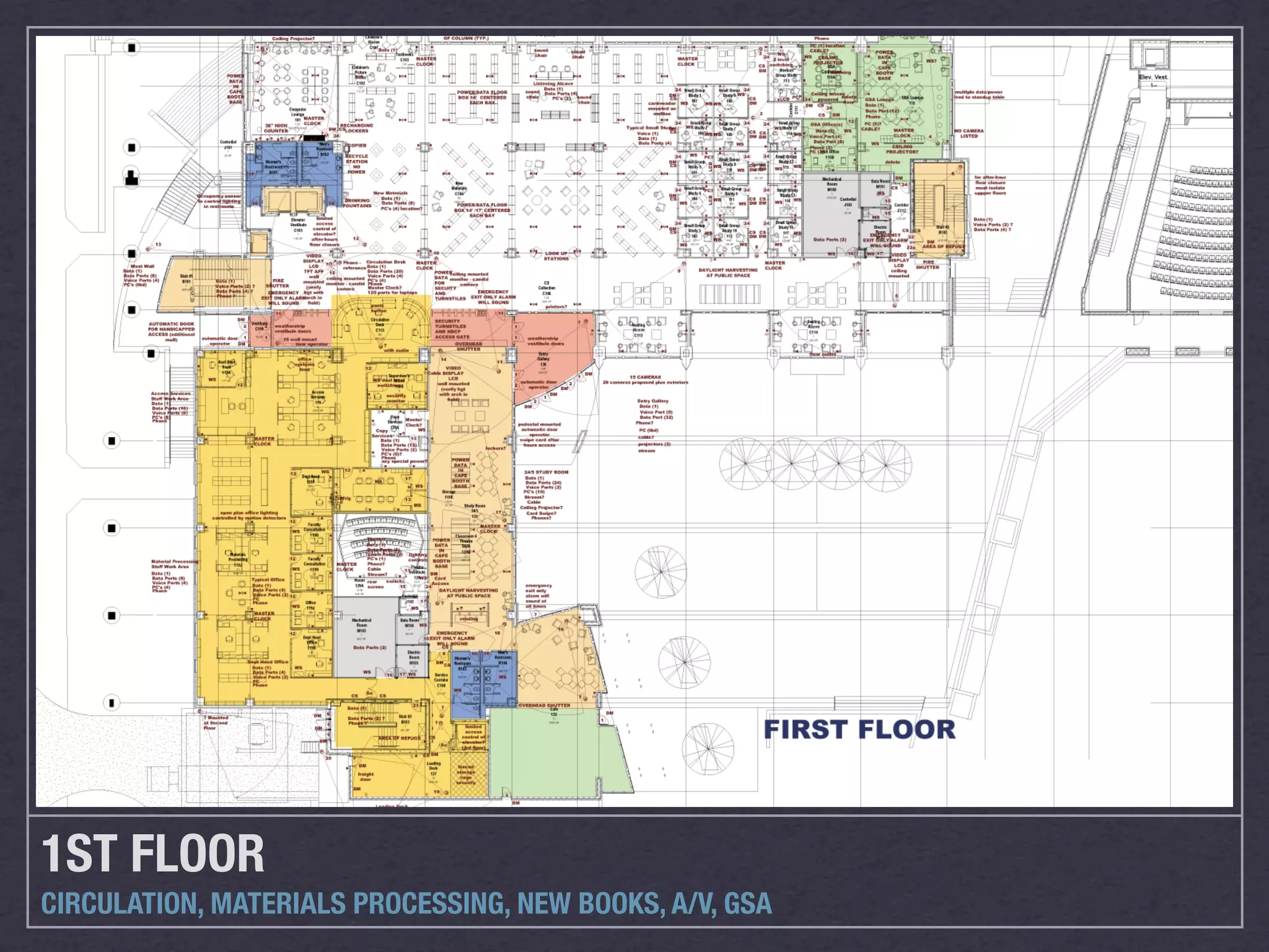 1ST FLOOR
CIRCULATION, MATERIALS PROCESSING, NEW BOOKS, A/V, GSA
 