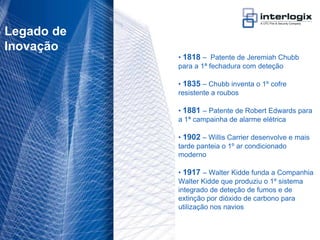 Legado de
 Inovação
                                   • 1818 – Patente de Jeremiah Chubb
                                   para a 1ª fechadura com deteção

                                   • 1835 – Chubb inventa o 1º cofre
                                   resistente a roubos

                                   • 1881 – Patente de Robert Edwards para
                                   a 1ª campainha de alarme elétrica

                                   • 1902 – Willis Carrier desenvolve e mais
                                   tarde panteia o 1º ar condicionado
                                   moderno

                                   • 1917 – Walter Kidde funda a Companhia
                                   Walter Kidde que produziu o 1º sistema
                                   integrado de deteção de fumos e de
                                   extinção por dióxido de carbono para
                                   utilização nos navios


UTC Fire & Security Portugal - 9
 