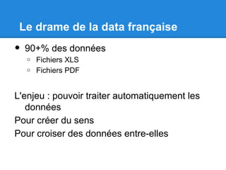 Le drame de la data française
•   90+% des données
    o   Fichiers XLS
    o   Fichiers PDF


L'enjeu : pouvoir traiter automatiquement les
   données
Pour créer du sens
Pour croiser des données entre-elles
 