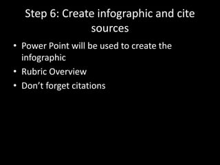 Step 6: Create infographic and cite
sources
• Power Point will be used to create the
infographic
• Rubric Overview
• Don’t forget citations
 