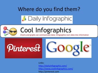 Where do you find them?
Links:
http://dailyinfographic.com/
http://www.coolinfographics.com/
http://pinterest.com
 