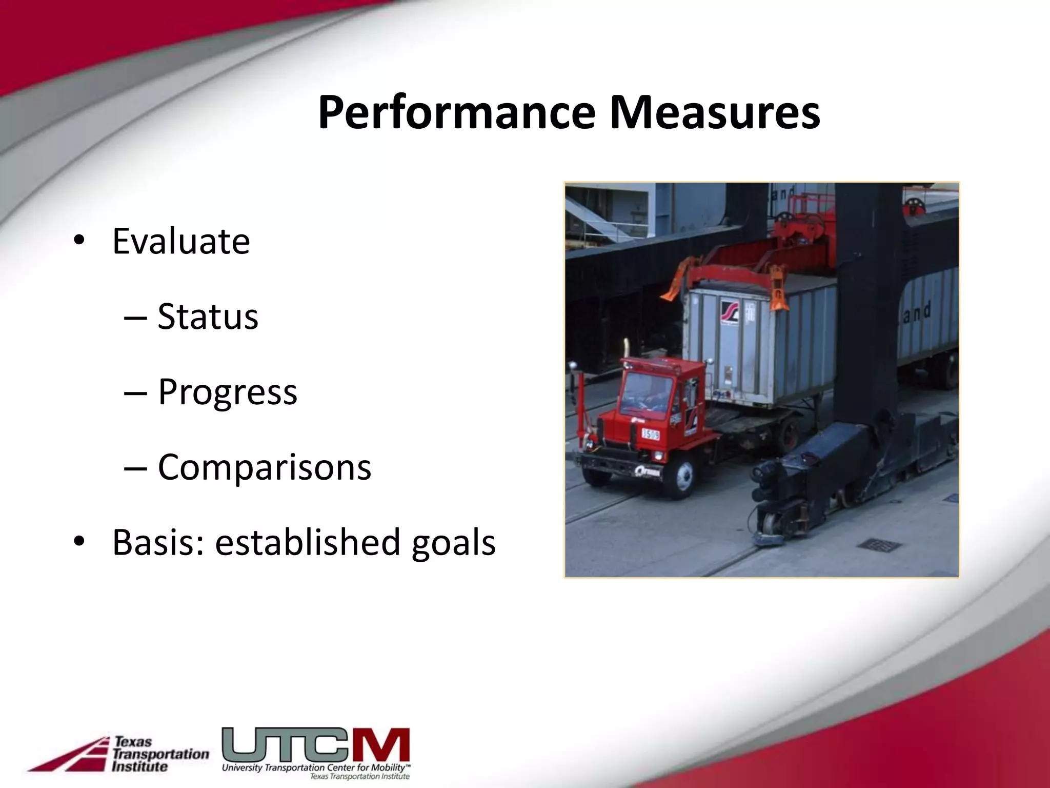 Performance Measures

• Evaluate
   – Status
   – Progress
   – Comparisons
• Basis: established goals
 